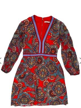 Alice + Olivia Red Floral Paisley V-Neck Mini Dress, Sz 0